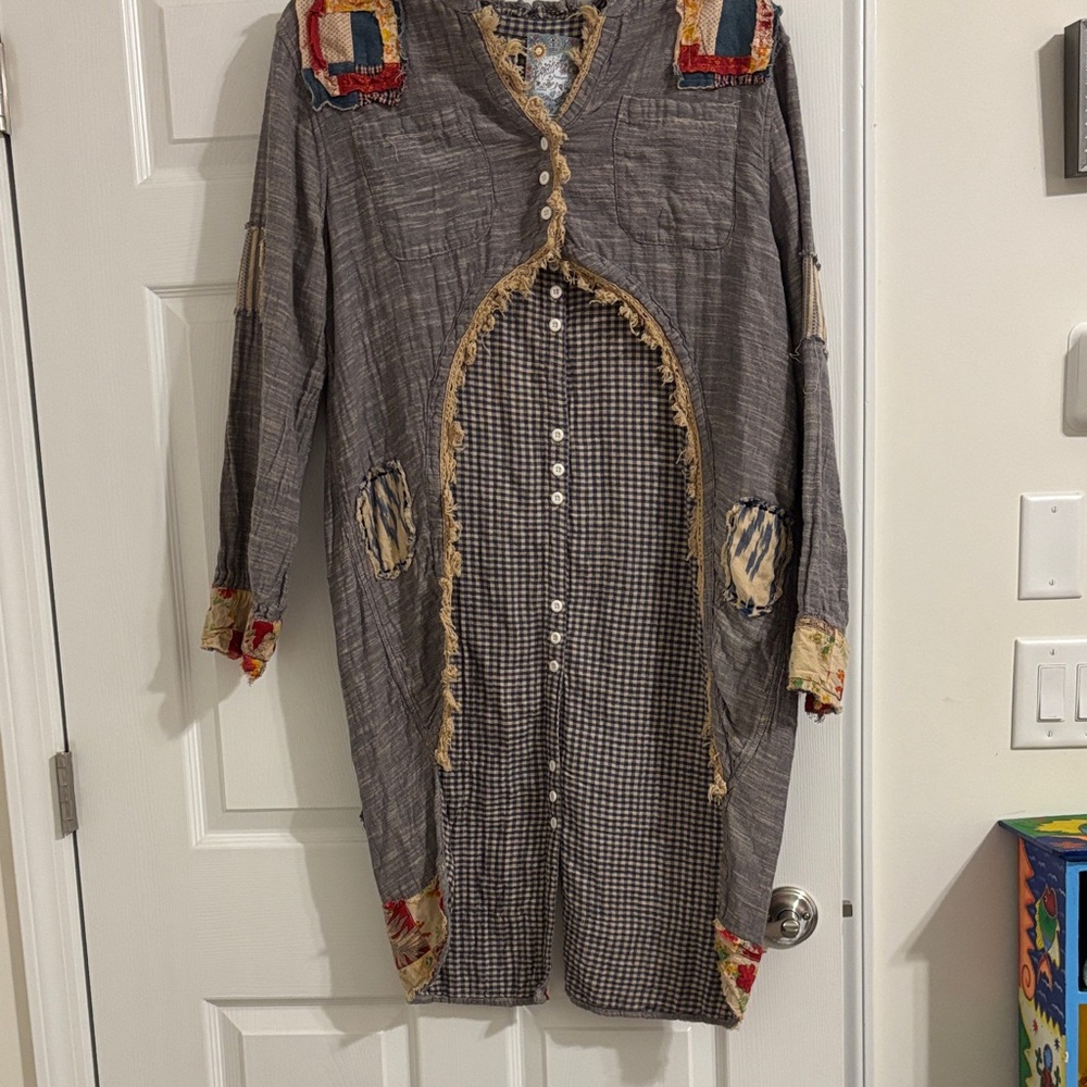 Boho Patchwork Button-Front Tunic Dress in Gray with Multicolor Accents